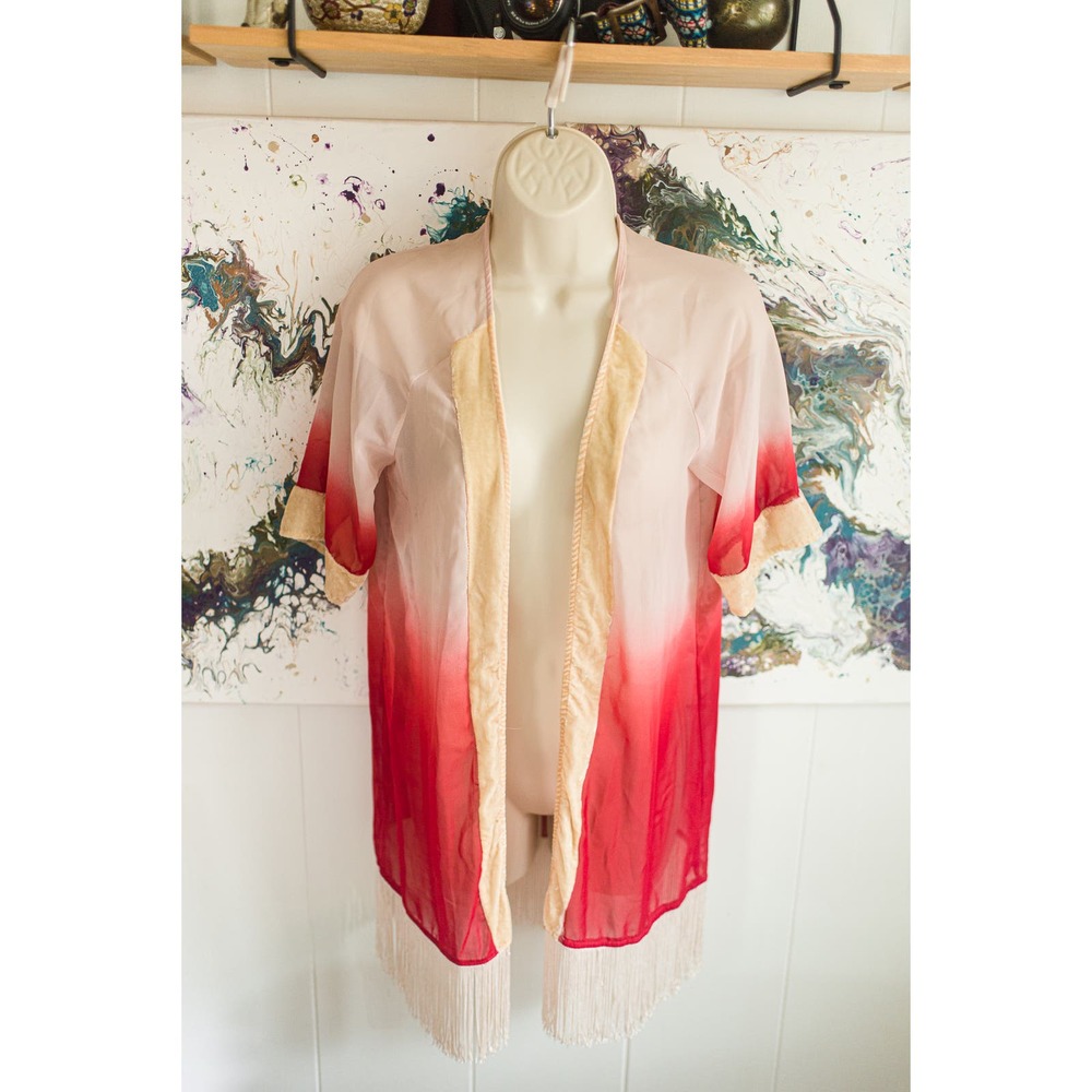 Anthropologie Petticoat Alley Kimono Fringed Gauzy Ombre Red Pink
